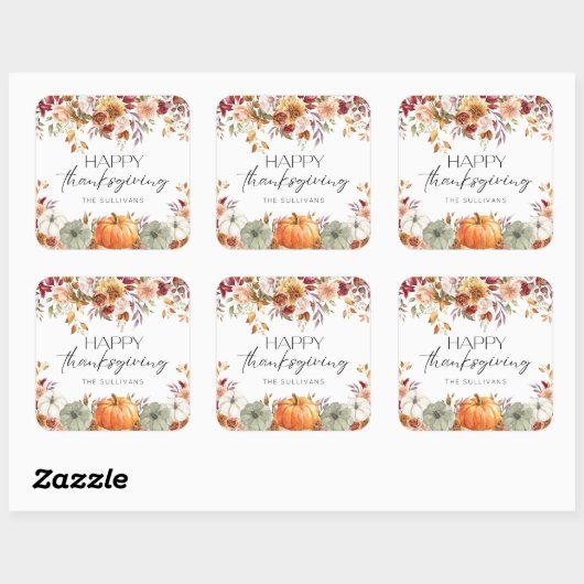 Modern Floral Pumpkin Rustic Happy Thanksgiving  スクエアシール (シート)