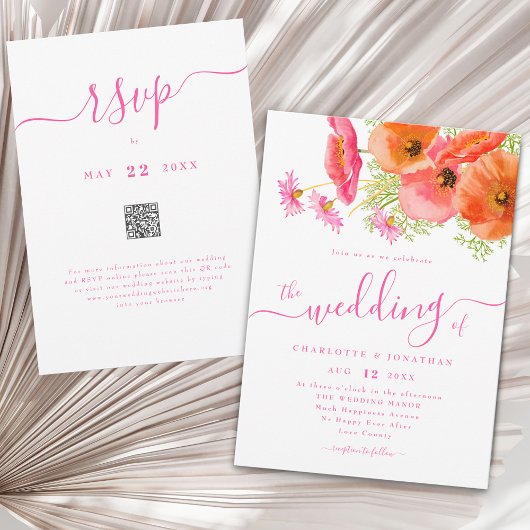 Modern Floral Vibrant Pink Orange Wedding Qr Code 招待状