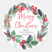 Modern floral watercolor wreath red Christmas  ラウンドシール (正面)