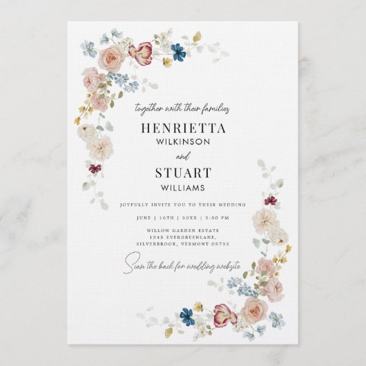 modern  Floral Wedding Information Card QR Code 招待状 (正面)