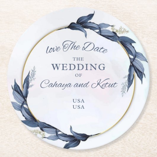 Modern Floral Wedding Invitation – Gold Circle Fra ラウンドペーパーコースター (正面)
