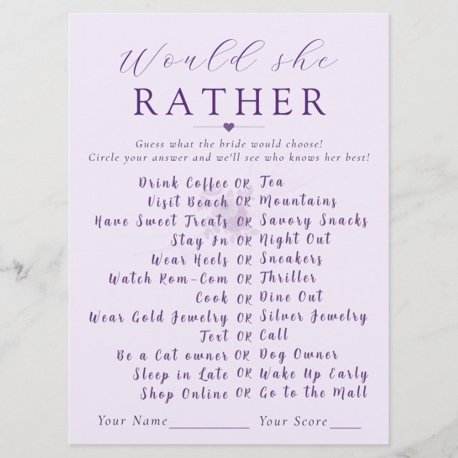 Modern Floral Would She Rather Bridal Shower Game  (正面)