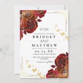 Modern Flower Red Rose and Gold Wedding 招待状 (正面)