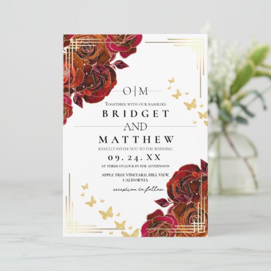 Modern Flower Red Rose and Gold Wedding 招待状 (スタンド正面)