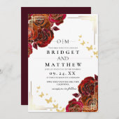 Modern Flower Red Rose and Gold Wedding 招待状 (正面/裏面)