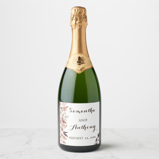 Modern Flowers Feathers Wedding Wine Bottle Label スパークリングワインラベル (正面)