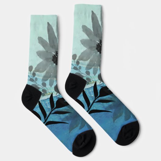 Modern Flowers On Dreamy Blue Background  ソックス (右)