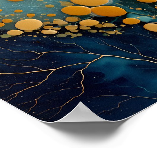 Modern Fluid Abstract Teal Gold Bubbles & Veins ポスター (角)