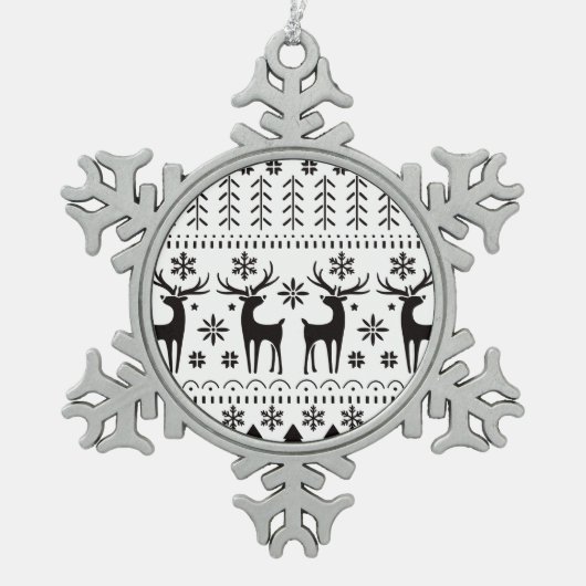 Modern Folk Art Christmas Reindeer スノーフレークピューターオーナメント (正面)