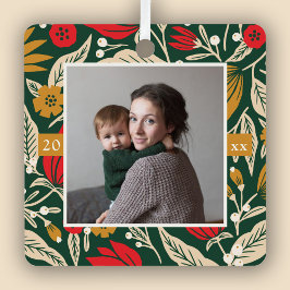 Modern Folk Art Floral Photo Christmas Holiday メタルオーナメント