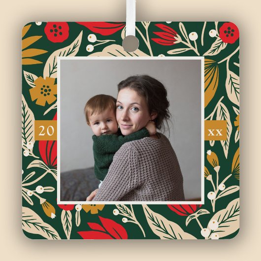 Modern Folk Art Floral Photo Christmas Holiday メタルオーナメント