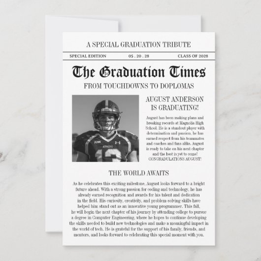 Modern Football Player Newspaper Photo Graduation 招待状 (正面)