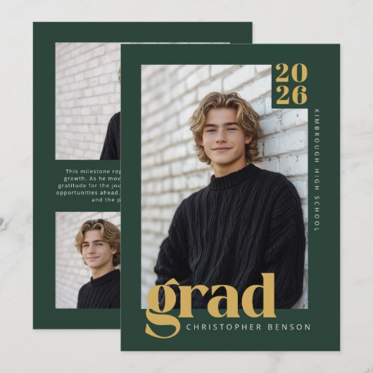 Modern Forest Green Gold Photo Graduation 招待状 (正面/裏面)