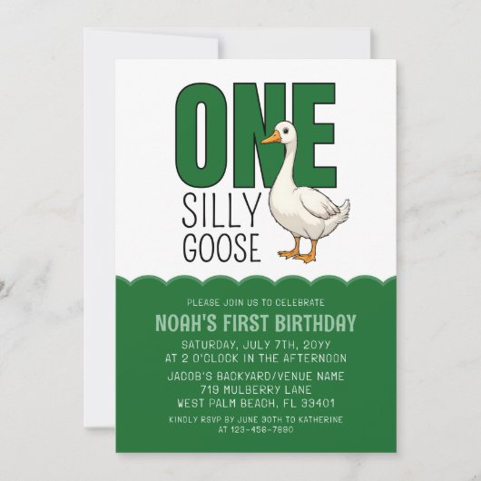 Modern Forest Green One Silly Goose 1st Birthday  招待状 (正面)