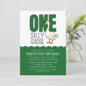 Modern Forest Green One Silly Goose 1st Birthday  招待状 (スタンド正面)
