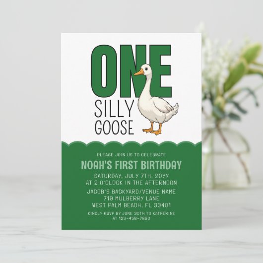 Modern Forest Green One Silly Goose 1st Birthday  招待状 (スタンド正面)