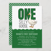 Modern Forest Green One Silly Goose 1st Birthday  招待状 (正面/裏面)