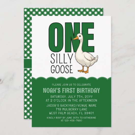 Modern Forest Green One Silly Goose 1st Birthday  招待状 (正面/裏面)