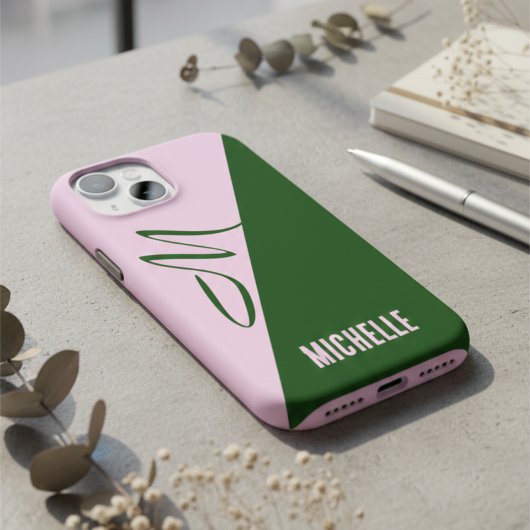 Modern Forest Green & Soft Pink Two Tone Monogram Case-Mate iPhoneケース