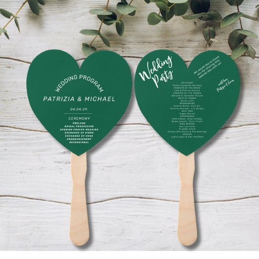 Modern Forest Green Wedding Program Hand Fan ハンドファン