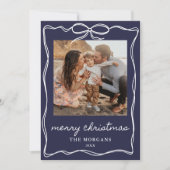 Modern Formal Navy Christmas Bow 4 Photo Family シーズンカード (正面)