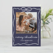Modern Formal Navy Christmas Bow 4 Photo Family シーズンカード (スタンド正面)