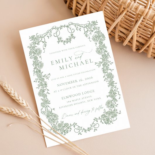 Modern French Victorian Sage Green Wedding Photo 招待状