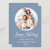 Modern Fun Calligraphy Round Photo Frame Blue シーズンカード (正面/裏面)