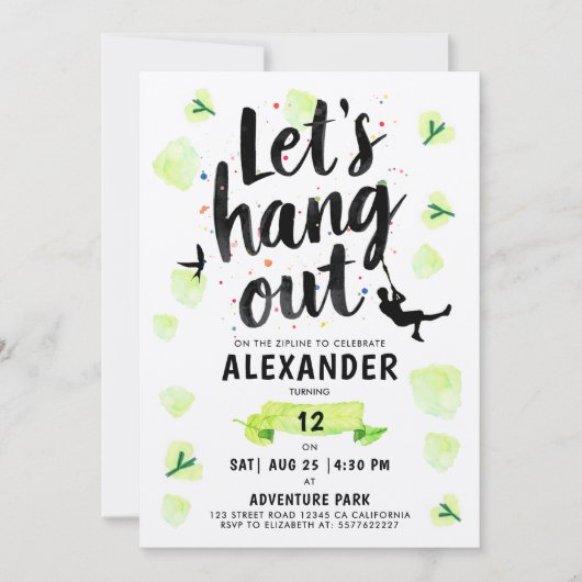 Modern Fun Green Zipline Adventure Brush Script 招待状 (正面)