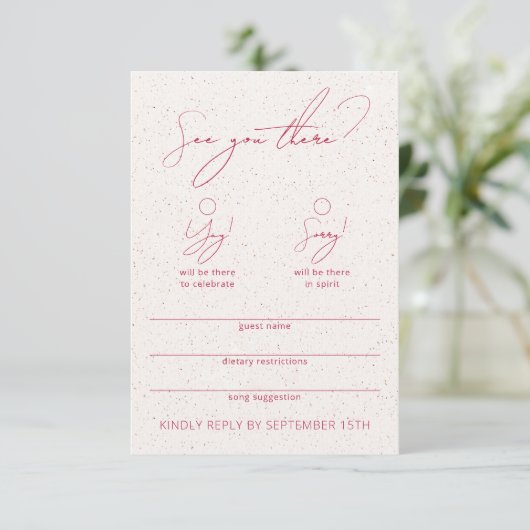 Modern Funny Calligraphy White & Magenta RSVP Card (スタンド正面)