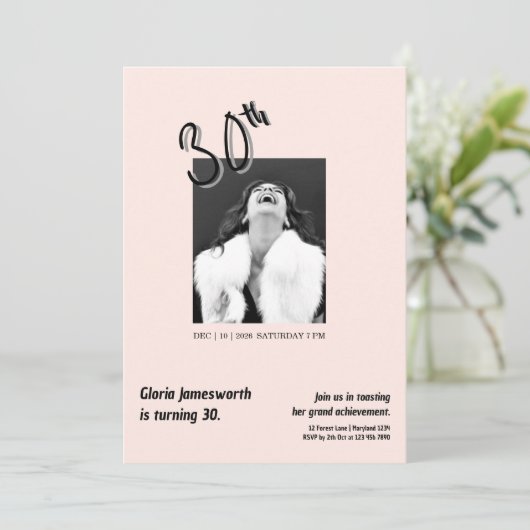 Modern Funny Light Pink Photo 30th Brithday 招待状 (スタンド正面)