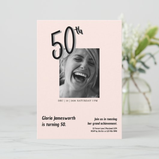 Modern Funny Light Pink Photo 50th Birthday  招待状 (スタンド正面)