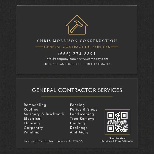 Modern General Contractor Black Gold QR Code 名刺