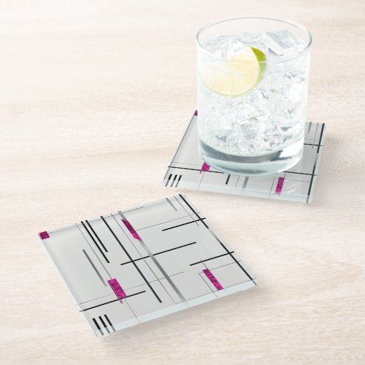 Modern Geometric / Abstract black, silver, Fuschia ガラスコースター (アングル)