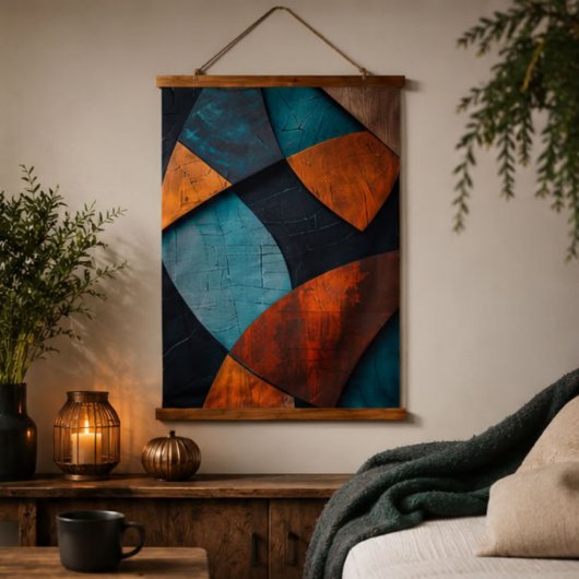 Modern Geometric Abstract Wood Texture Teal Rust 吊り下げ型タペストリー