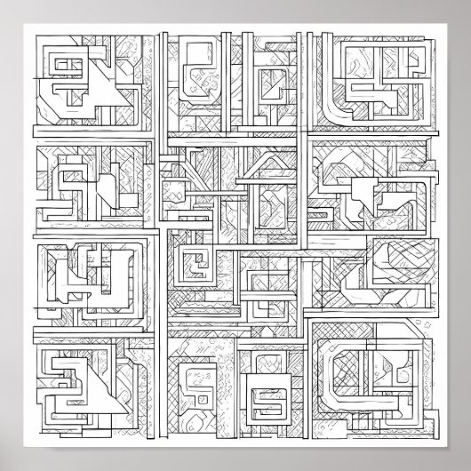 Modern Geometric Art: Digital Block Pattern ポスター (正面)