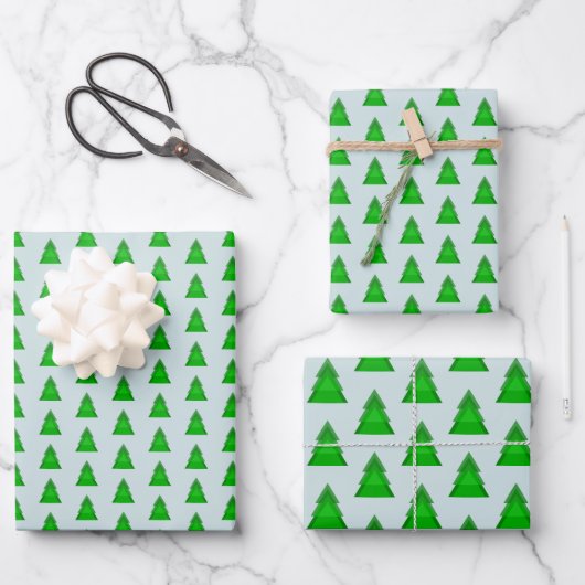 Modern Geometric Christmas Trees on Green on Blue ラッピングペーパーシート (正面)
