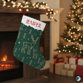 Modern Geometric Deer-Forest Green & Gold Minima ラージクリスマスストッキング