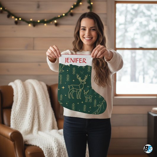 Modern Geometric Deer-Forest Green & Gold Minima ラージクリスマスストッキング