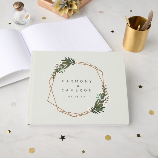 Modern Geometric Gold Frame Greenery Wedding ゲストブック (正面見開き)