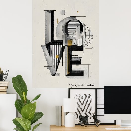 Modern Geometric LOVE Typography Abstract Art ポスター (ホームオフィス)