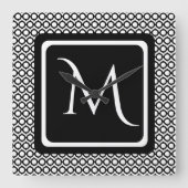 Modern Geometric Monogram Black White スクエア壁時計 (正面)