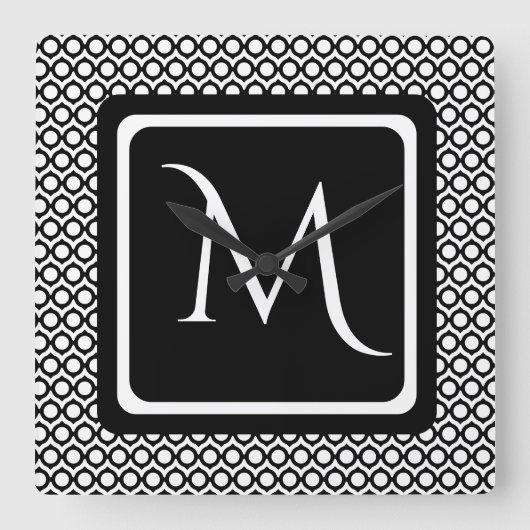 Modern Geometric Monogram Black White スクエア壁時計 (正面)