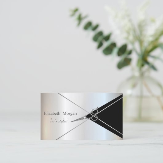 Modern Geometric Silver Stripes Glitter Scissors 名刺 (スタンド正面)