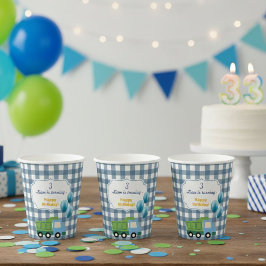 Modern Gingham Blue Construction 3rd Birthday  紙コップ