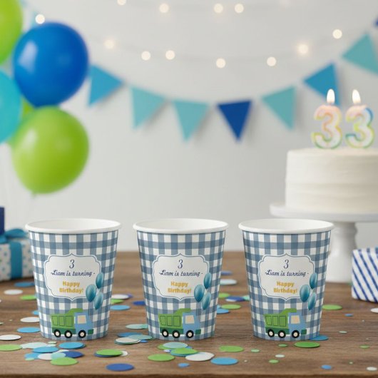 Modern Gingham Blue Construction 3rd Birthday  紙コップ