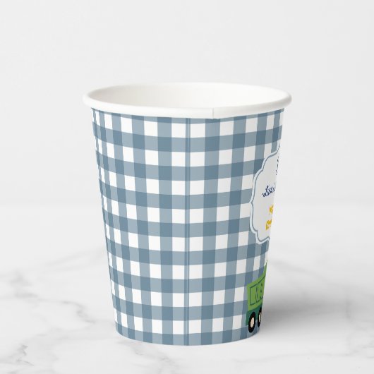 Modern Gingham Blue Construction 3rd Birthday  紙コップ (右)