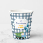 Modern Gingham Blue Construction 3rd Birthday  紙コップ (正面)