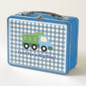 Modern Gingham Blue Dump Truck Fuel for a Big Day メタルランチボックス (正面)