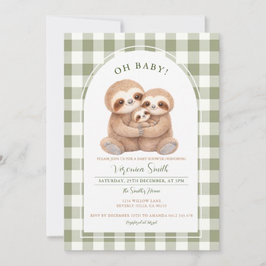 Modern Gingham Family Sloth Baby Shower Invitation 招待状 (正面)